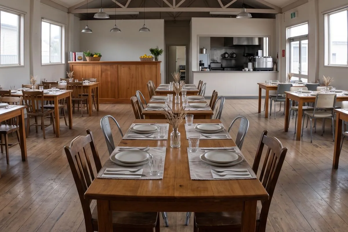 Set tables in a country dining room with a timber bar and kitchen pass behind