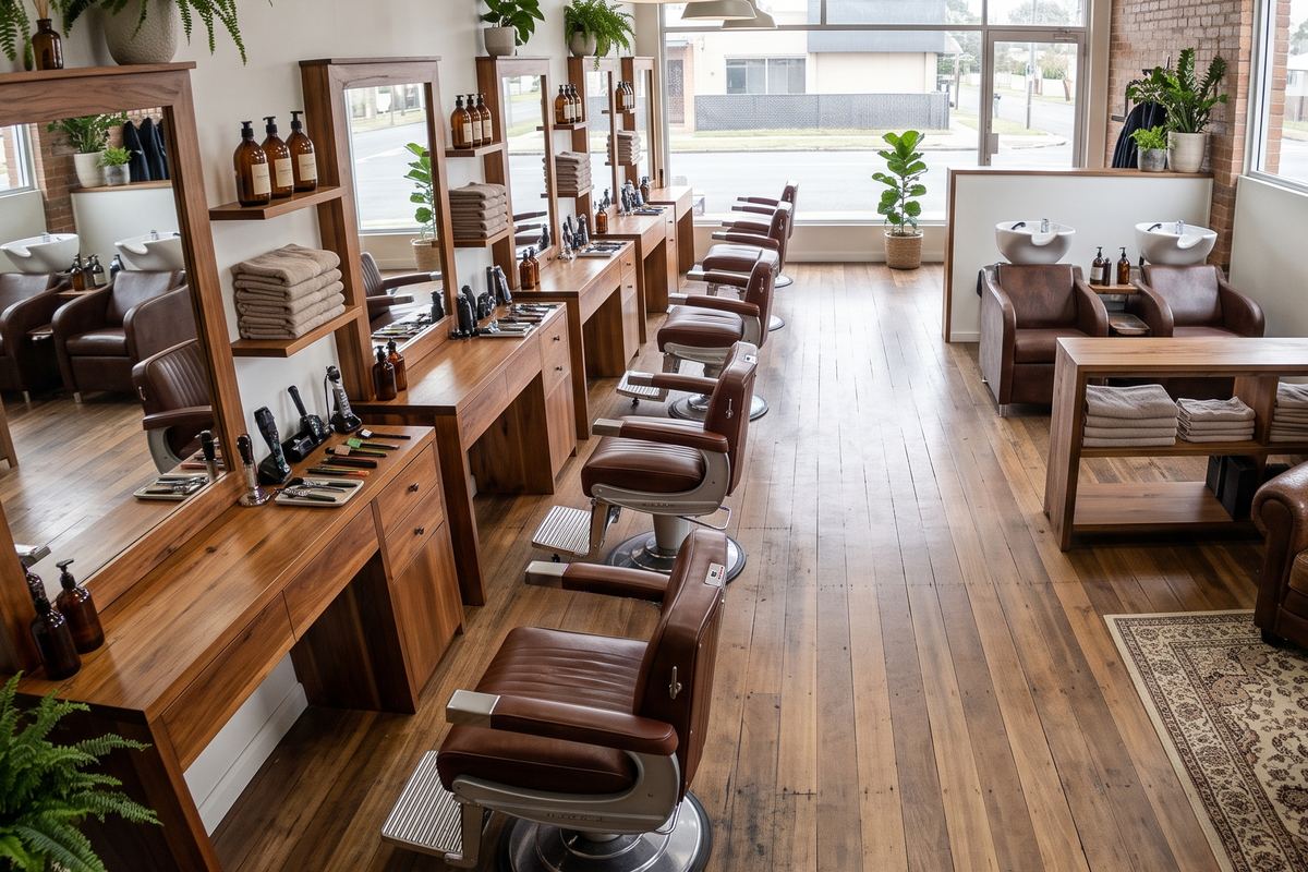 Barber's shop with a row of leather chairs at timber mirror stations