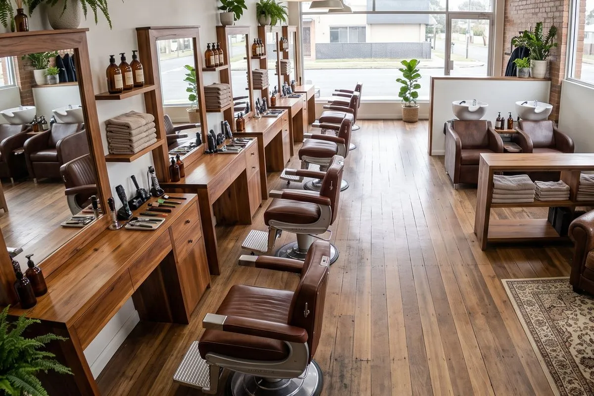 Barber's shop with a row of leather chairs at timber mirror stations