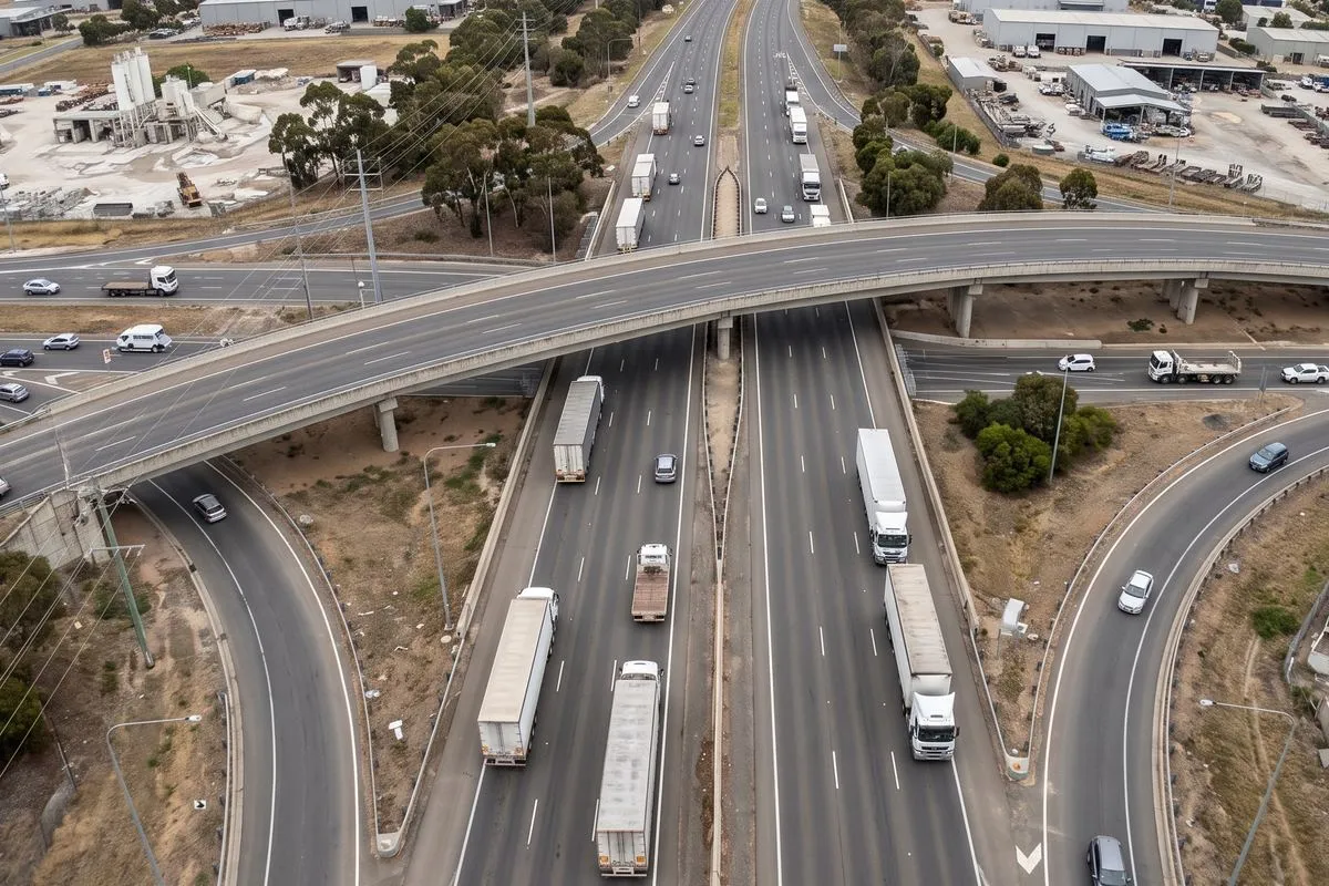 Aerial view of semi-trailers on a freeway interchange beside an industrial estate