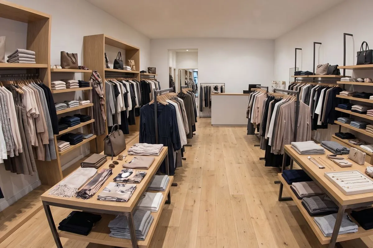 Clothing racks and display tables in a fitted-out fashion boutique