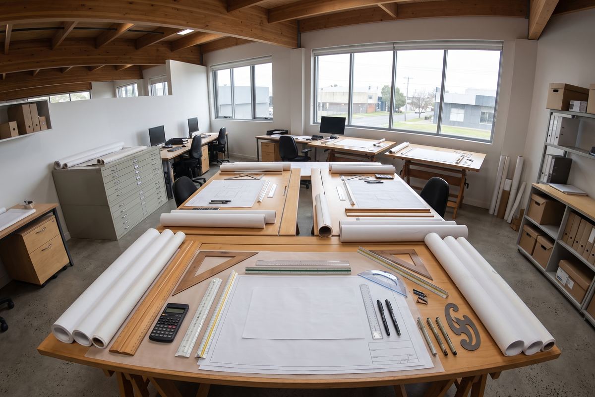 Drafting tables and desks in a design studio with rolled plans laid out