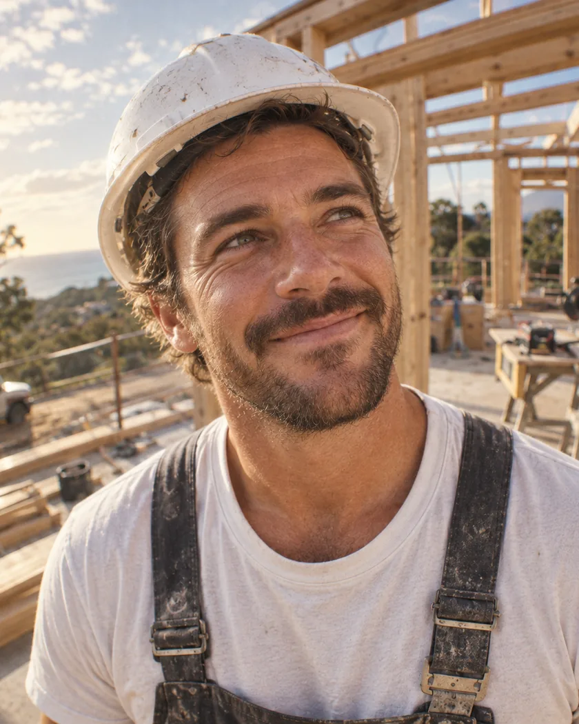 A tradesman on a construction site reading a loan approved notification on his phone