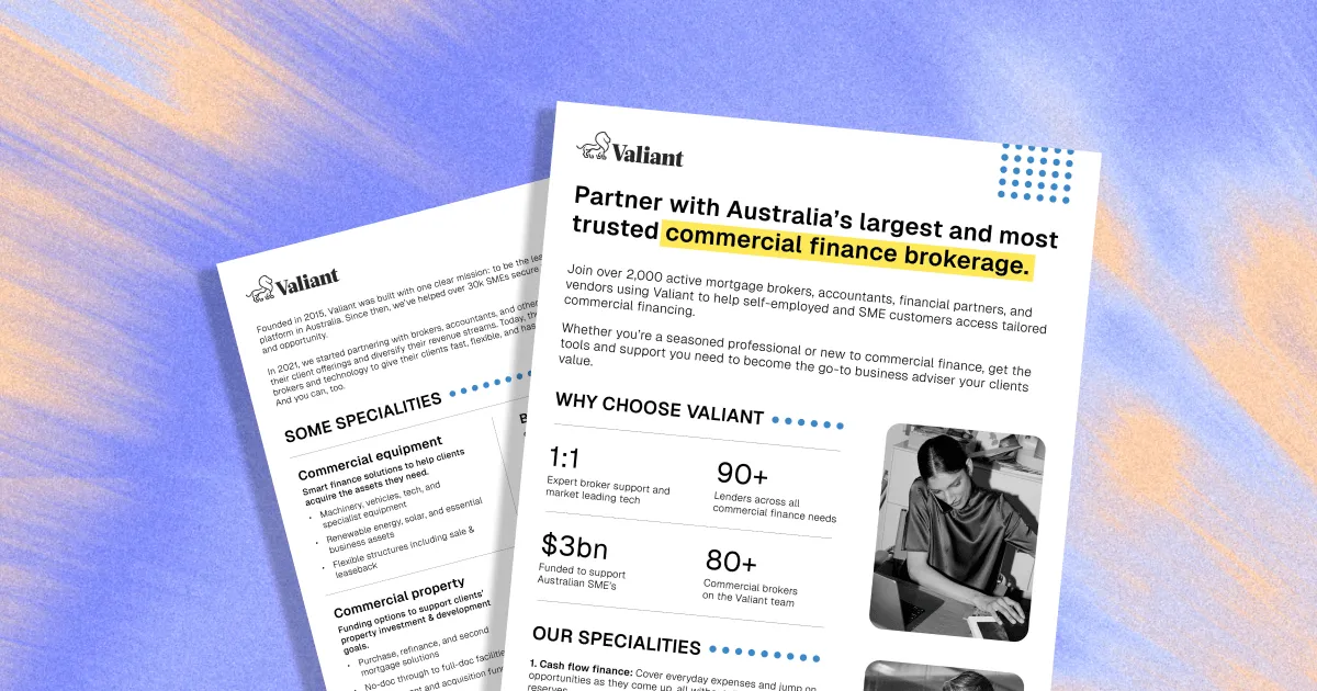 Valiant partner toolkit showcasing commercial finance products for business clients.