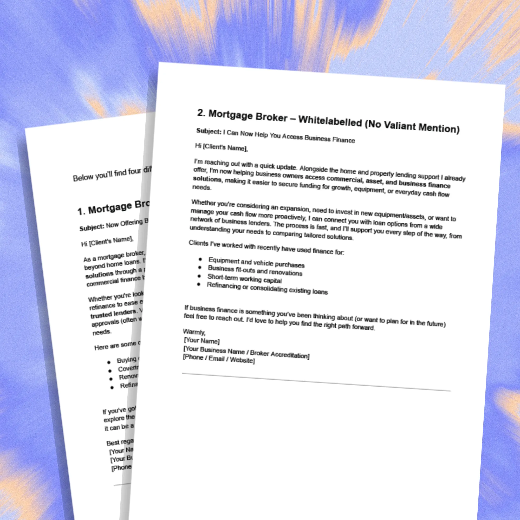 Two angled printed email templates on smart funding and financial solutions against a pale yellow background.