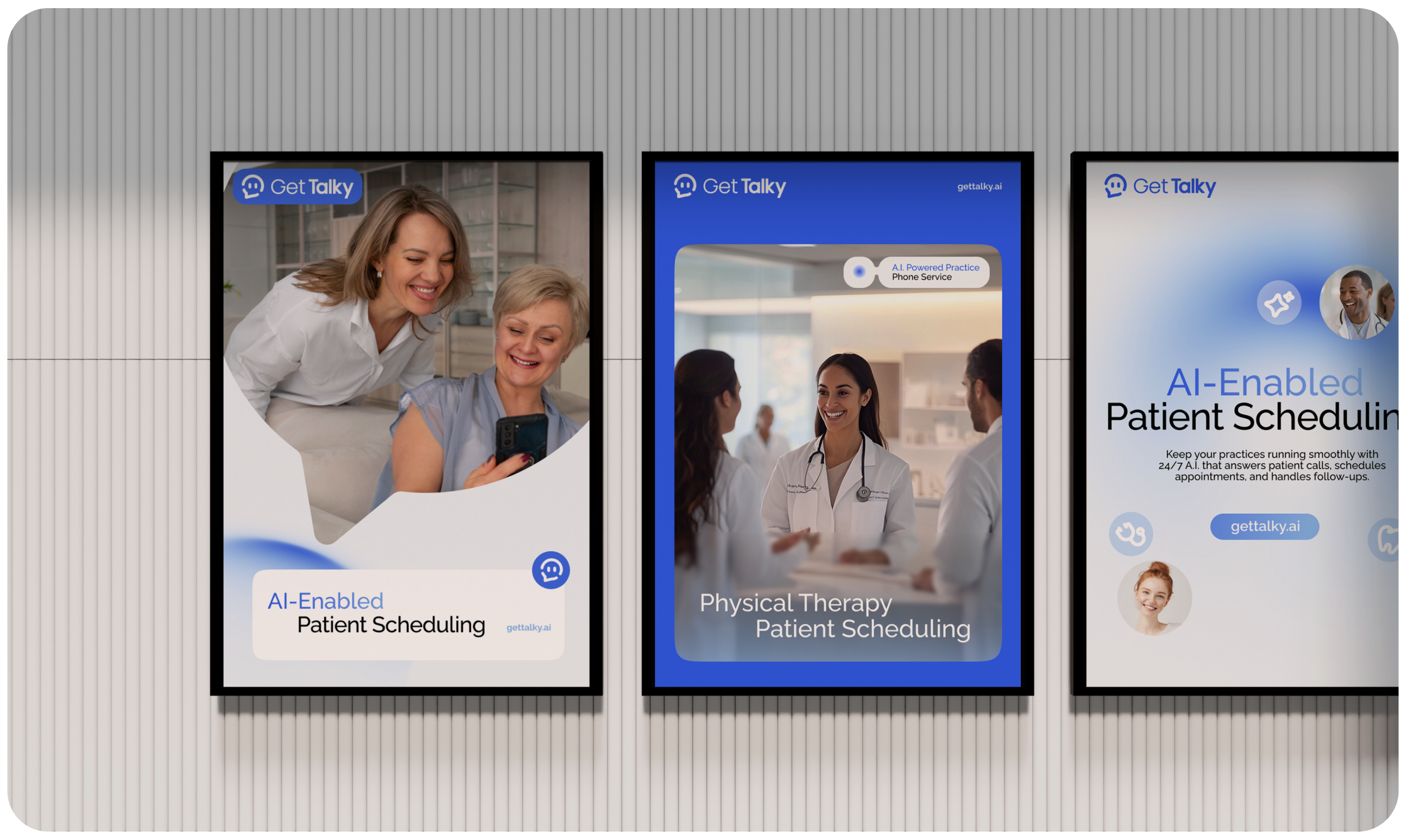 Displays with "Get Talky" branding show AI-Enabled Patient Scheduling. Left: two smiling women viewing a phone, middle: a joyful doctor with colleagues, right: promotional text.