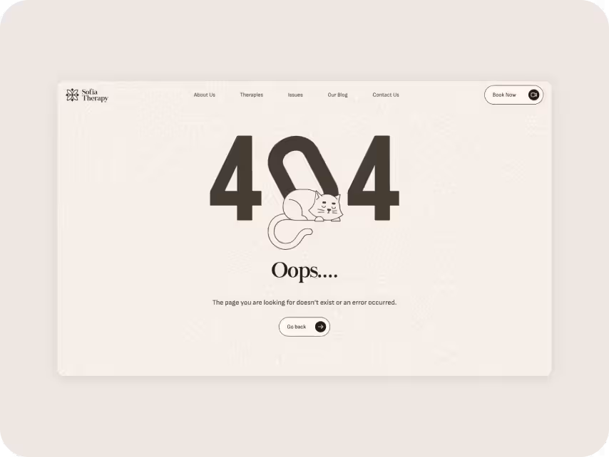 404 error page with a playful tone. Large "404" text, a cute cat illustration lying on the middle zero. Navigation links and "Go back" button are visible.