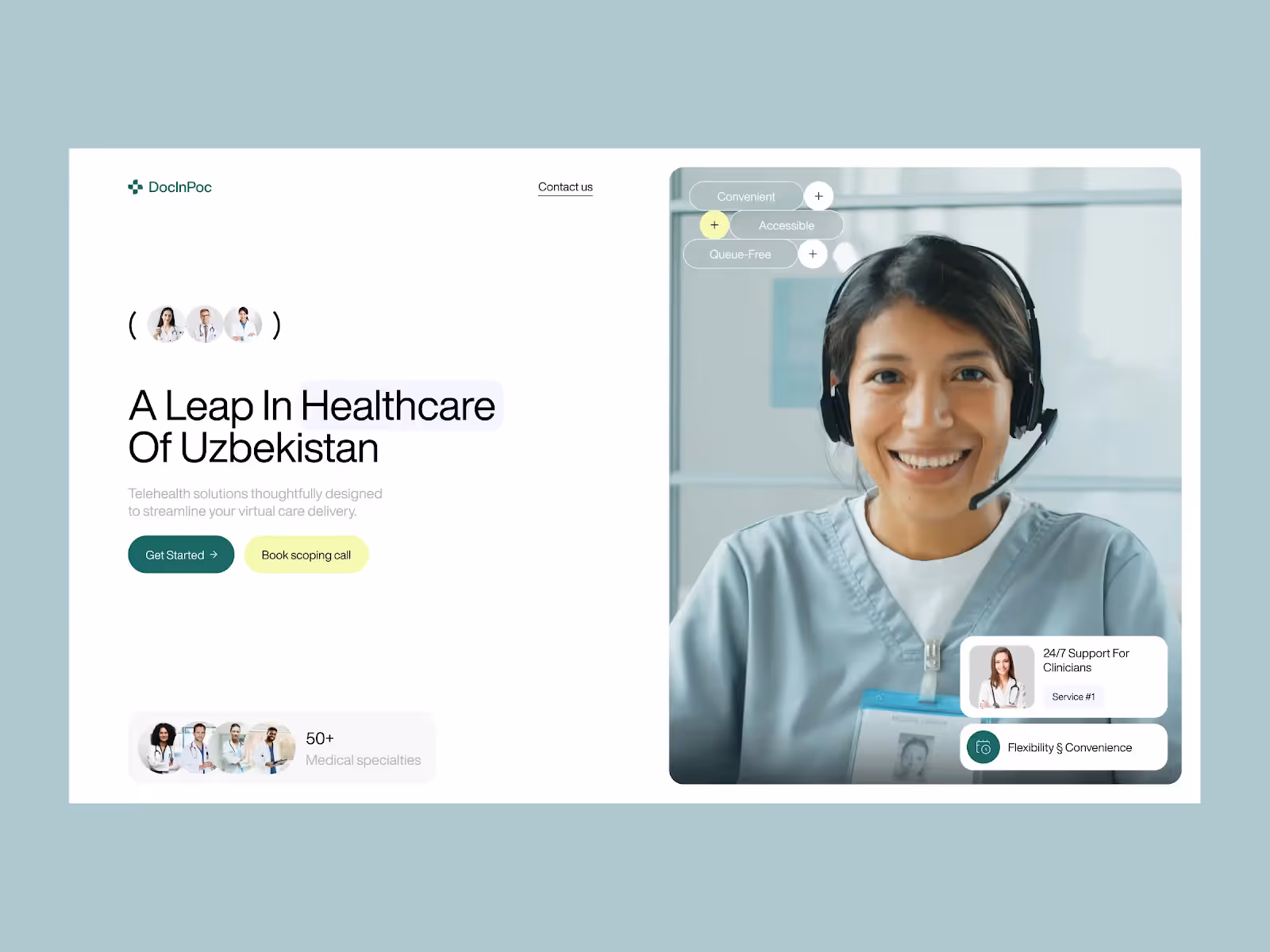 Website for DocInPoc showcasing telehealth in Uzbekistan. Smiling woman with a headset symbolizes customer support. Buttons for 'Get Started' and 'Book scoping call.' Image suggests diverse medical specialties with photos of doctors.