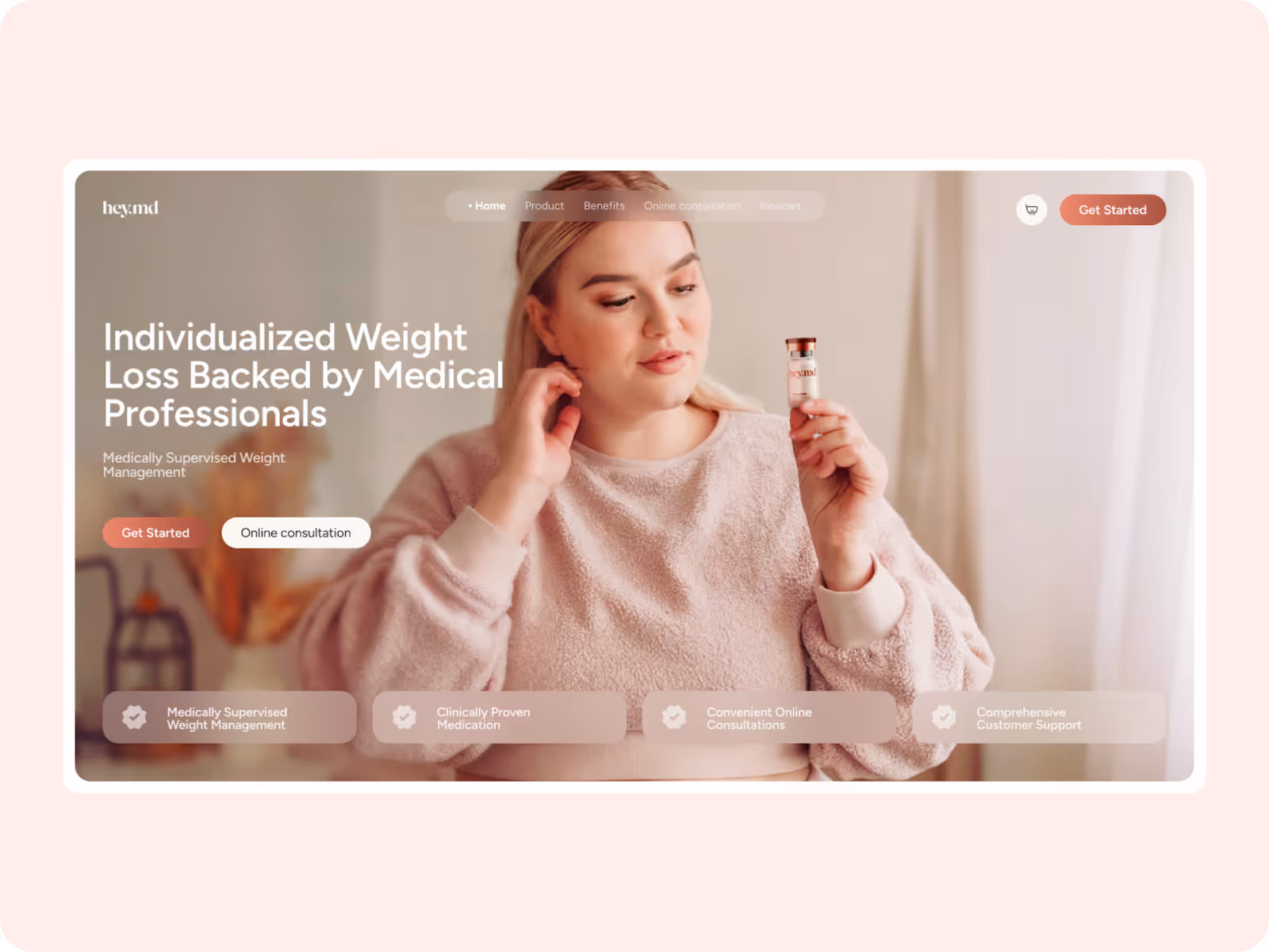 A woman in a soft pink sweater examines a small medical vial. Text reads, "Individualized Weight Loss Backed by Medical Professionals." The tone is professional and supportive.