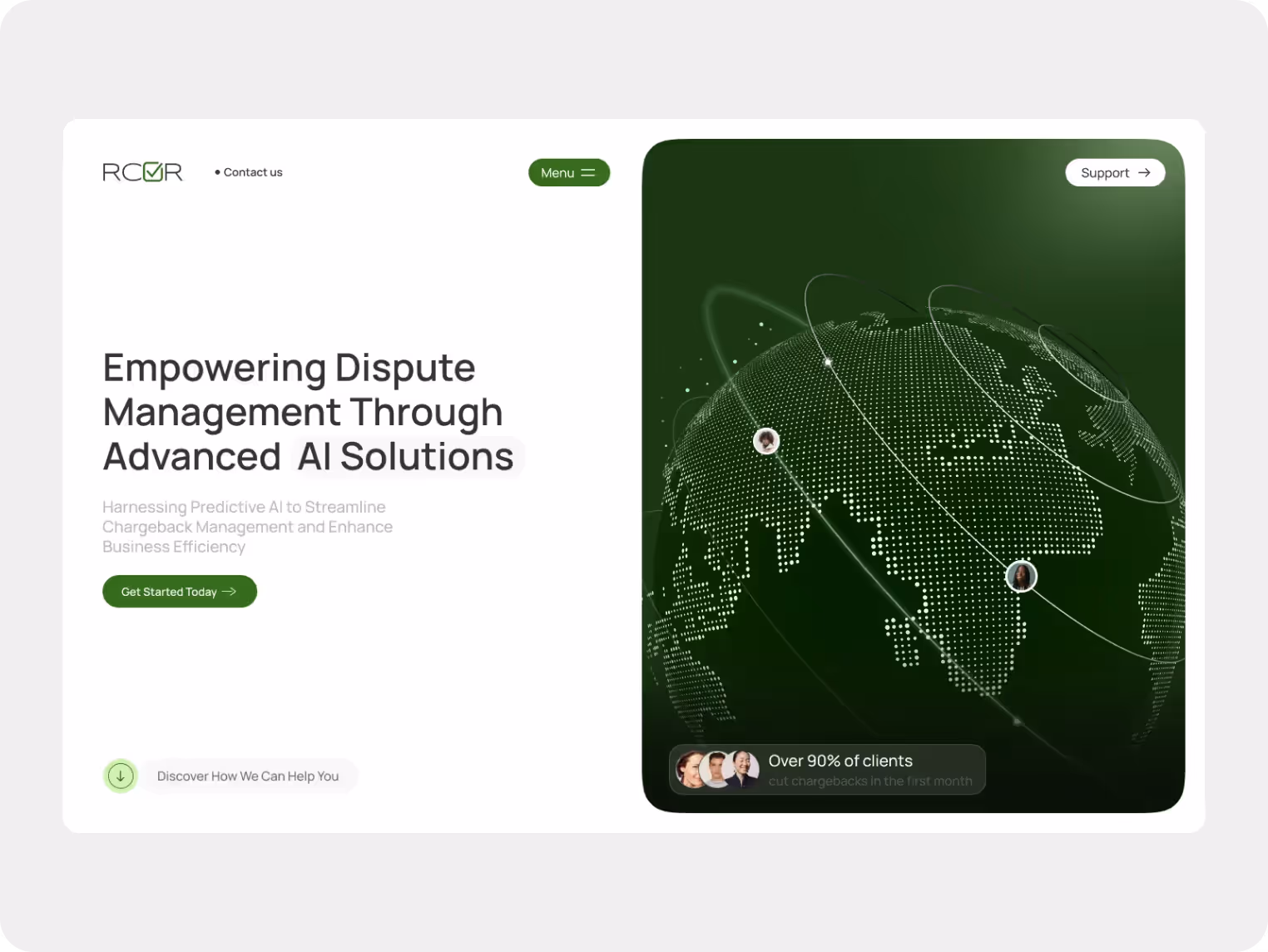 Alt text: "RCOR webpage featuring a message on empowering dispute management through AI. Green globe with digital connections conveys innovation and technology."
