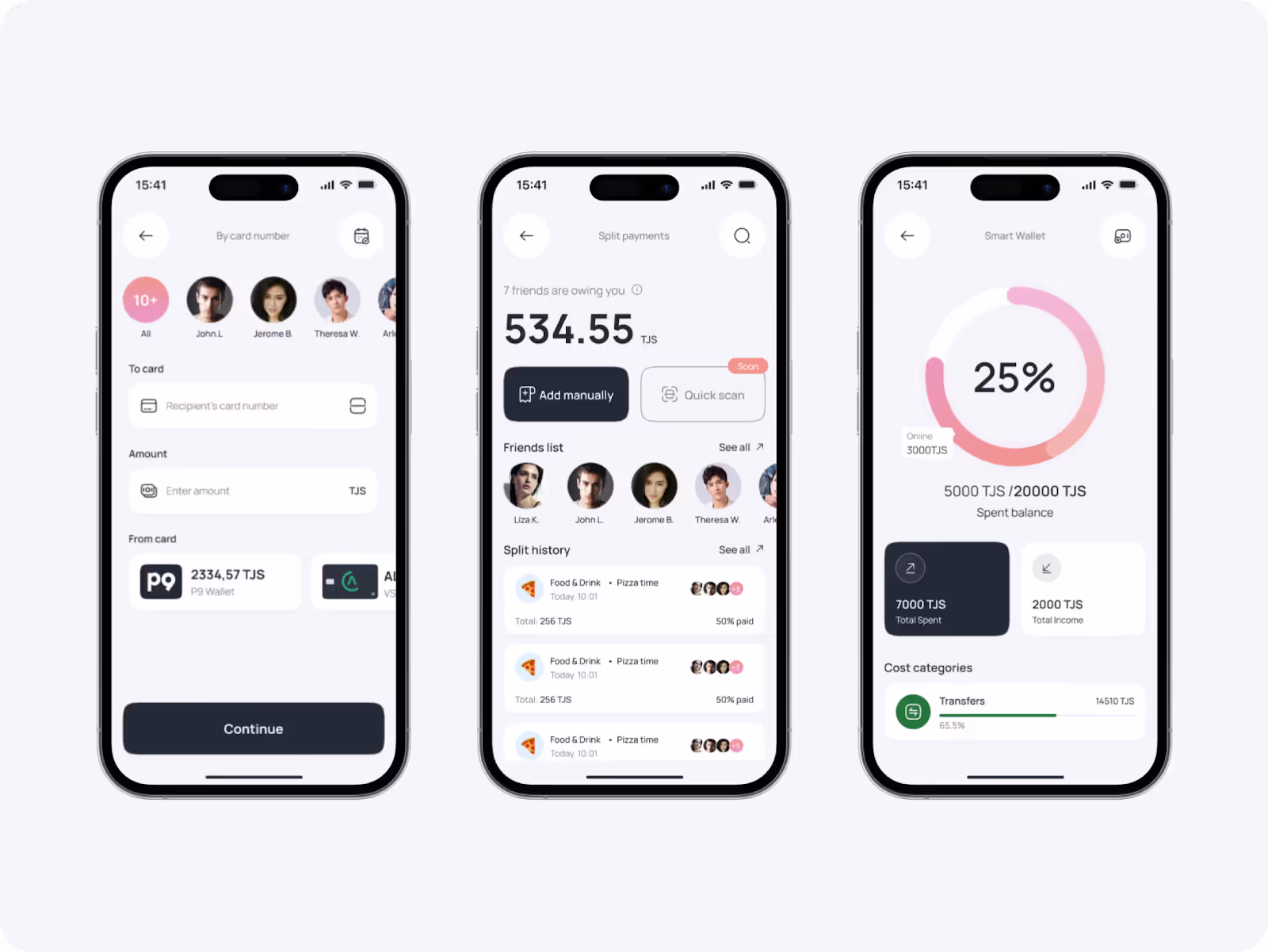 The first screen displays a transfer interface with contacts and card info. The second screen shows a split payment feature with friends' avatars and a history list. The third screen features a smart wallet dashboard with a spending chart and balance details.