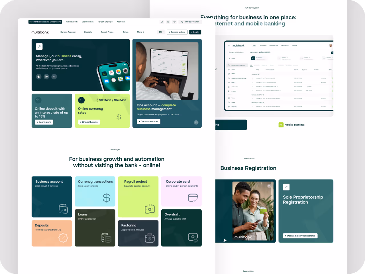 Webpage layout for multibank featuring business banking services. Includes smartphone management tools, currency rates, and business registration options. 