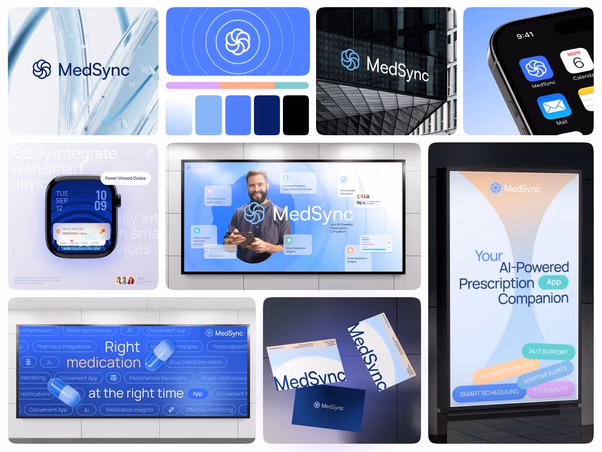Collage featuring MedSync branding: logos, app interfaces on digital devices, promotional signs with blue tones, emphasizing AI-assisted healthcare.