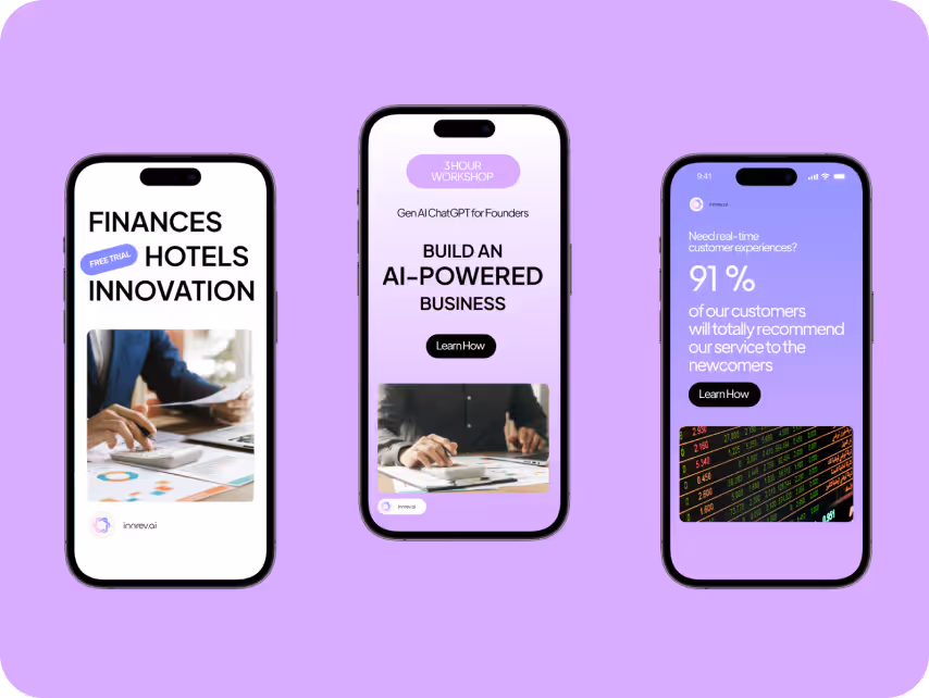 Three smartphones display varied content on lavender backgrounds. Left: Finance topics; Middle: AI workshop promo; Right: Customer satisfaction data.