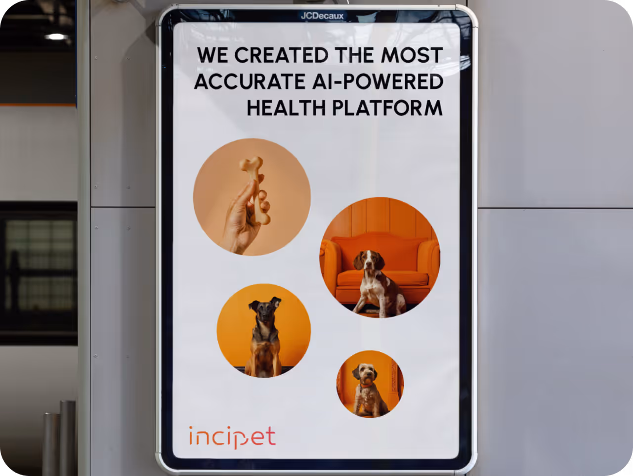 Advertisement poster for "Incipet." Features a hand holding a bone and three dogs against orange and white backgrounds, with the text about an AI-powered health platform.