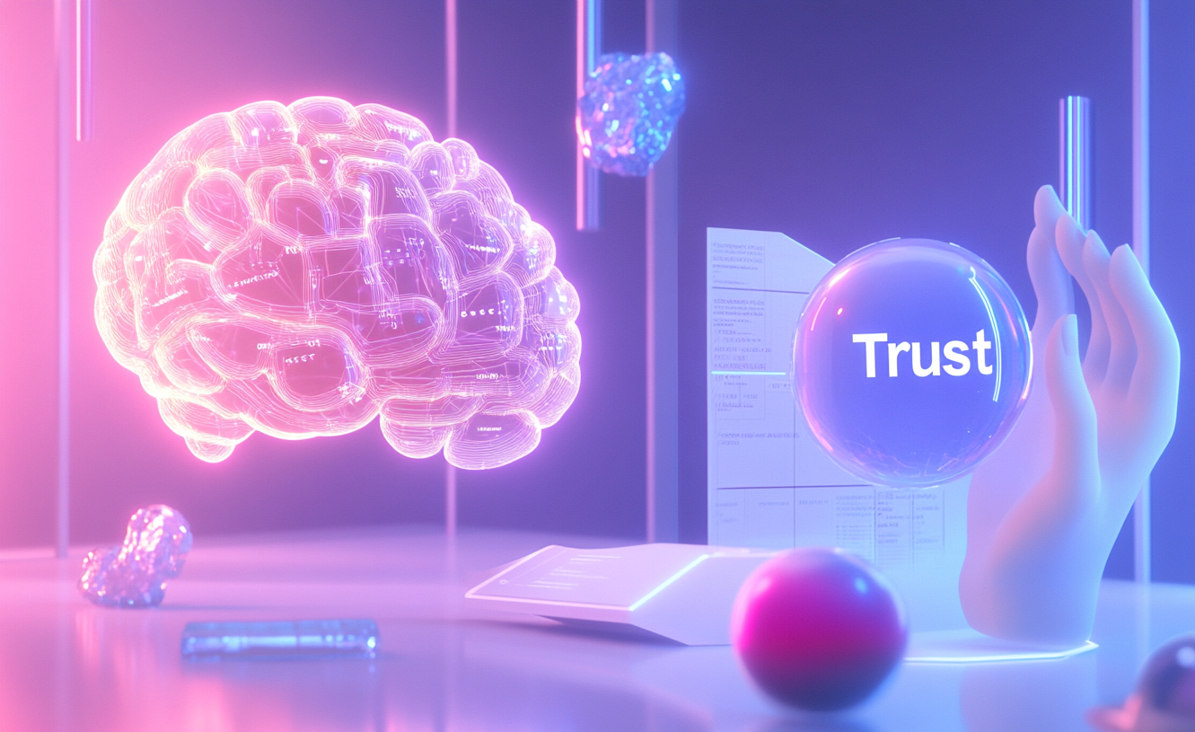 Futuristic image featuring a glowing digital brain beside a floating sphere labeled "Trust." A hand reaches towards it, set against a neon blue and pink backdrop.