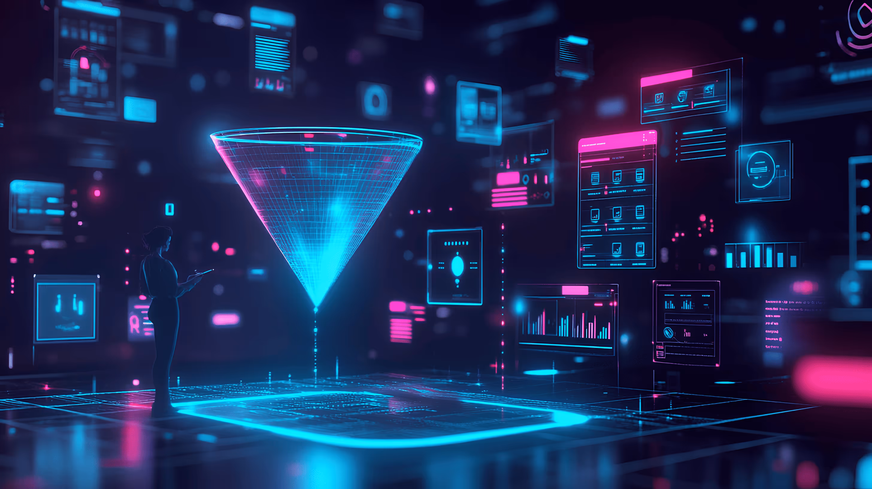 Futuristic scene with a silhouette of a person analyzing a holographic funnel amidst floating digital screens. Neon colors convey a tech-savvy, analytical mood.