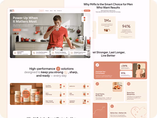Website mockup for a men's health brand featuring a banner of a man in a kitchen, sections highlighting product benefits, and supplement images.