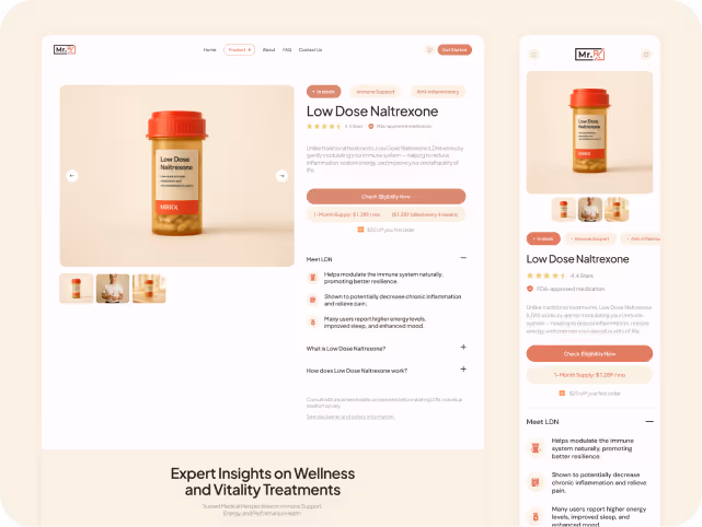 Webpage layout showcasing Low Dose Naltrexone product with a pill bottle image. The page shows details, reviews, and purchase information.