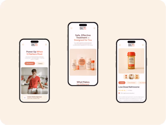 Three smartphones display a health app. The first screen shows a man in a kitchen, the second displays medication bottles, and the third features a pill bottle.