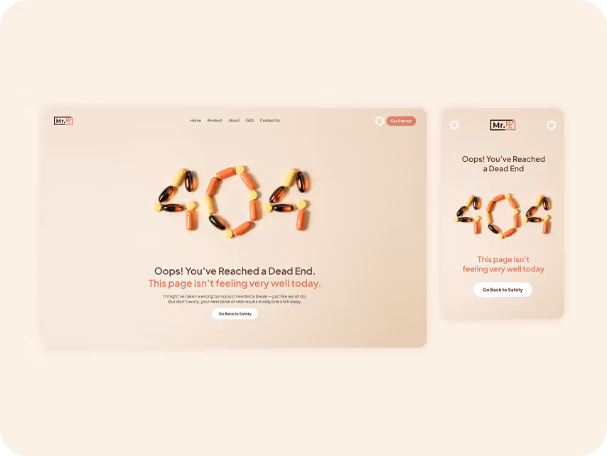 404 error page with "404" made of colorful pills. Text reads, "Oops! You've Reached a Dead End. This page isn’t feeling very well today." 