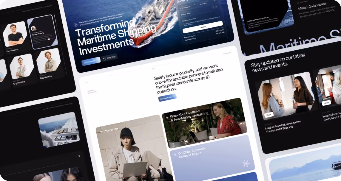 Collage of maritime-themed web interface designs featuring ship imagery, investment info, safety messages, and business interactions.