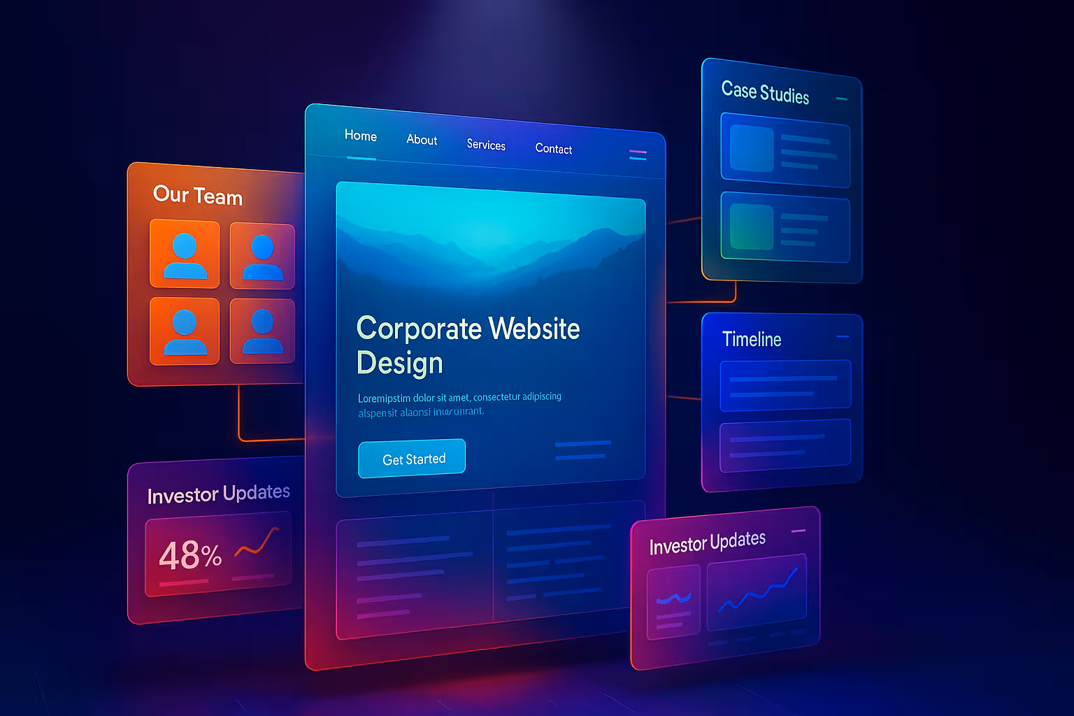 3D web interface concept displaying a "Corporate Website Design" in the center, surrounded by neon panels labeled "Our Team," "Case Studies," "Investor Updates," and "Timeline," set against a dark, futuristic background.