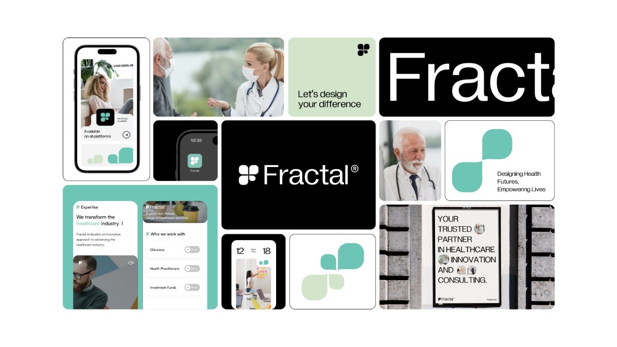 Collage of various images including healthcare professionals, digital interfaces, and the Fractal logo. Texts focus on innovation, design, and healthcare consulting.