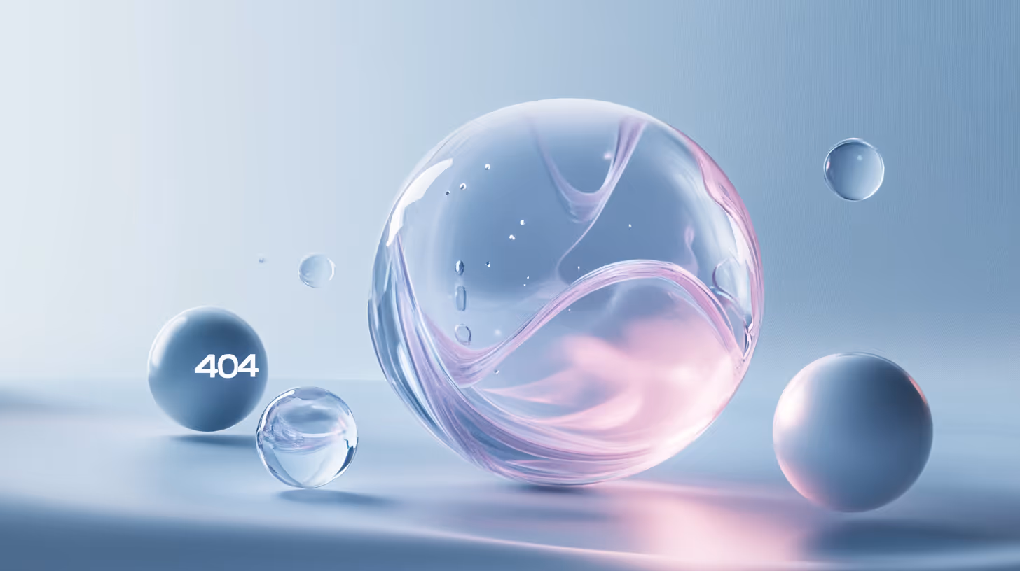 Abstract image of a large, translucent pink and purple sphere surrounded by smaller glass orbs. The number "404" is displayed on a gray sphere, conveying a digital error theme.