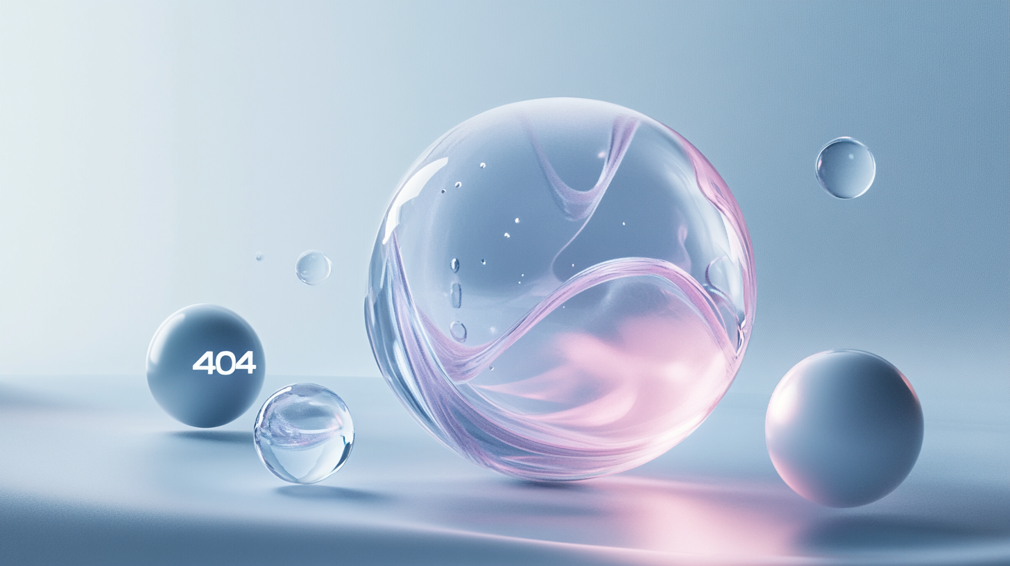 Abstract image of a large, translucent pink and purple sphere surrounded by smaller glass orbs. The number "404" is displayed on a gray sphere, conveying a digital error theme.