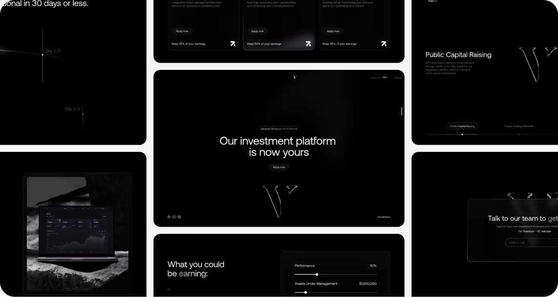 Collage of dark-themed screens from an investment platform. Central text reads "Our investment platform is now yours."