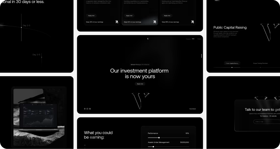 Collage of dark-themed screens from an investment platform. Central text reads "Our investment platform is now yours."