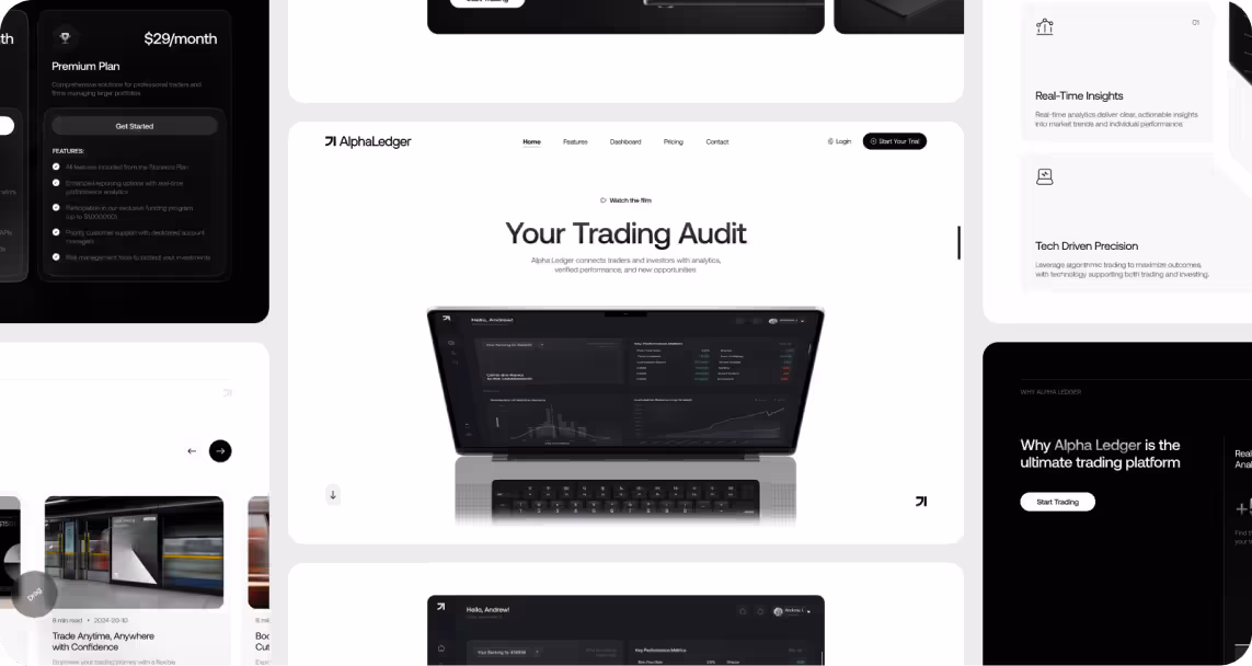A collage of Alpha Ledger's website screenshots, featuring a pricing plan, trading platform interface on a laptop, and features like real-time insights.