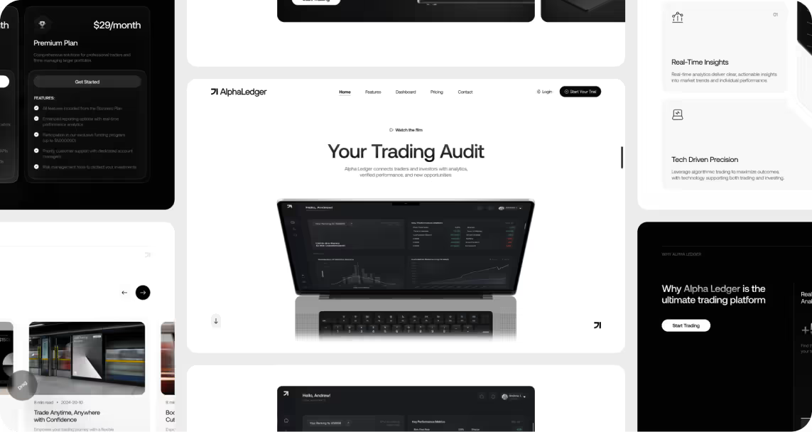 A collage of Alpha Ledger's website screenshots, featuring a pricing plan, trading platform interface on a laptop, and features like real-time insights.