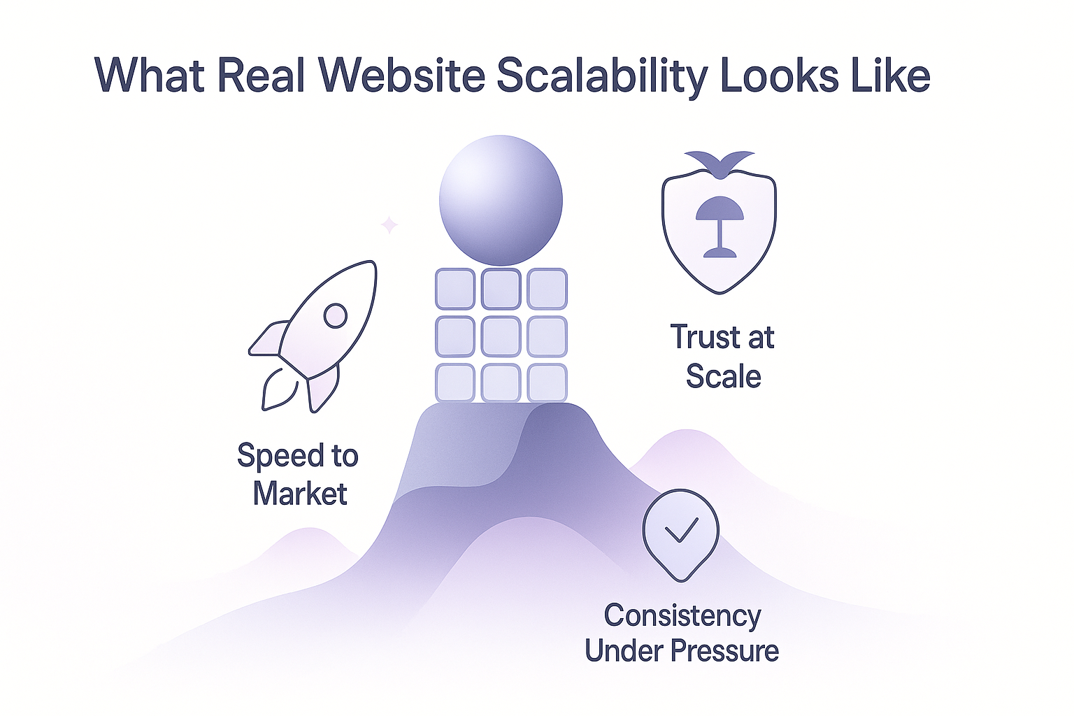 Illustration showing website scalability with a rocket labeled "Speed to Market," a shield labeled "Trust at Scale," and a checkmark labeled "Consistency Under Pressure."