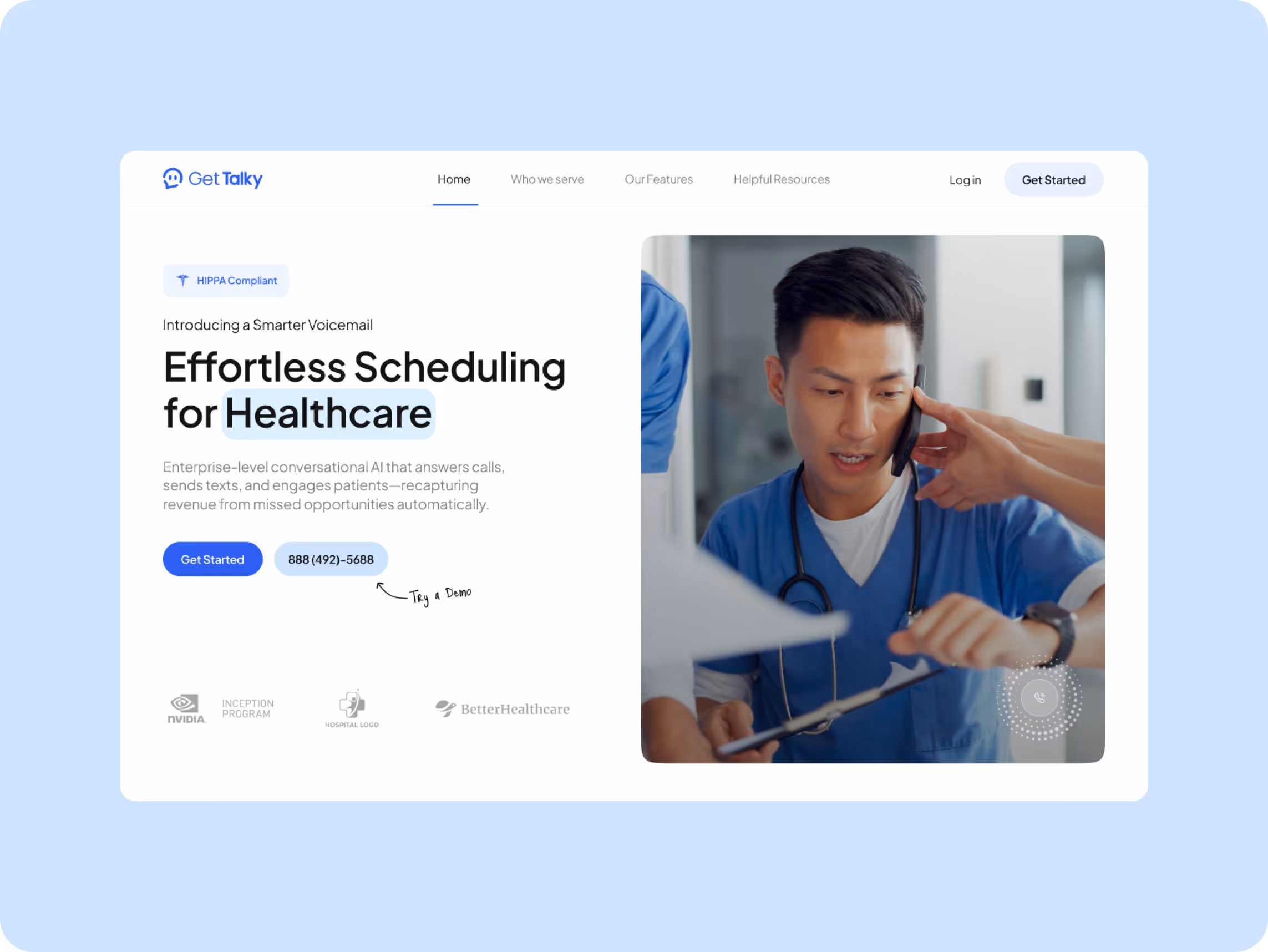 Healthcare webpage with a doctor using a phone and holding a clipboard. Text highlights 'Effortless Scheduling for Healthcare' and mentions HIPPA compliance.