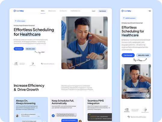 Healthcare scheduling website interface showing a medical professional on the phone. Features include scheduling options and efficiency tips. 