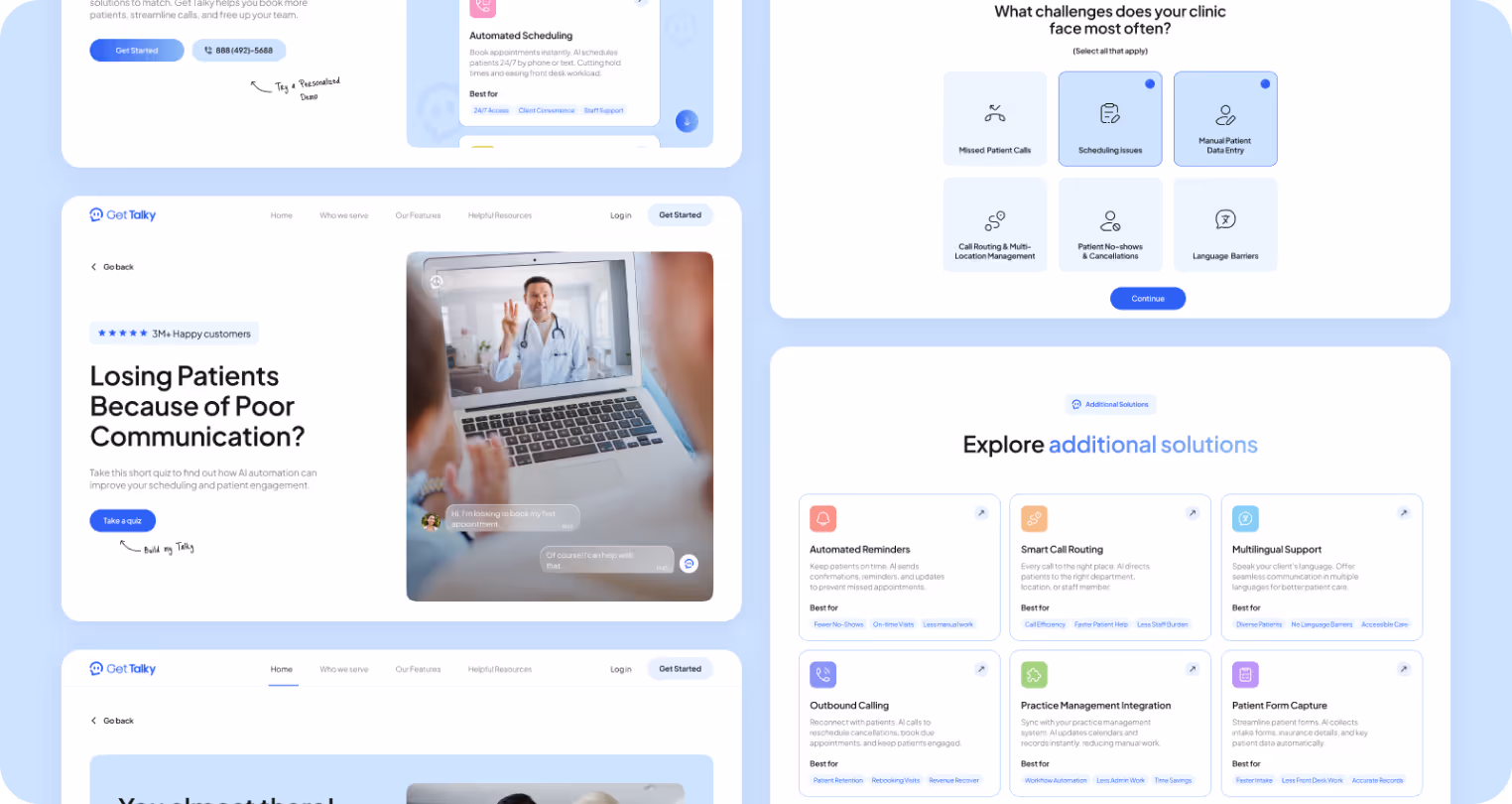 A healthcare app interface showcasing features for improving patient communication. Includes user testimonials, solution categories, and menu options.
