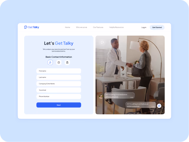 Website interface with a contact form on the left and an image of a doctor shaking hands with a patient on the right. The form header reads 'Let's Get Talky' and prompts for contact details. The doctor wears a white coat; the patient holds files and a bag.