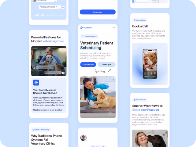 A user interface mockup for veterinary care software featuring a blue and white theme. Includes images of veterinarians with animals, text about patient scheduling, and options for booking calls.