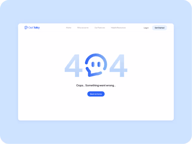 404 error page with a blue speech bubble forming a partial smiley face between the numbers. Text reads 'Oops... Something went wrong...'. A 'Back to Home' button is below. The top menu has options like 'Home', 'Who we serve', and 'Log in'.