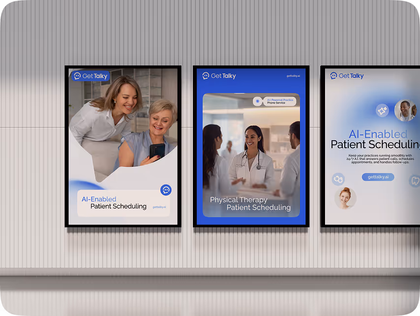 Three posters on a wall advertise "Get Talky" AI-enabled patient scheduling. Each shows happy healthcare professionals interacting. 