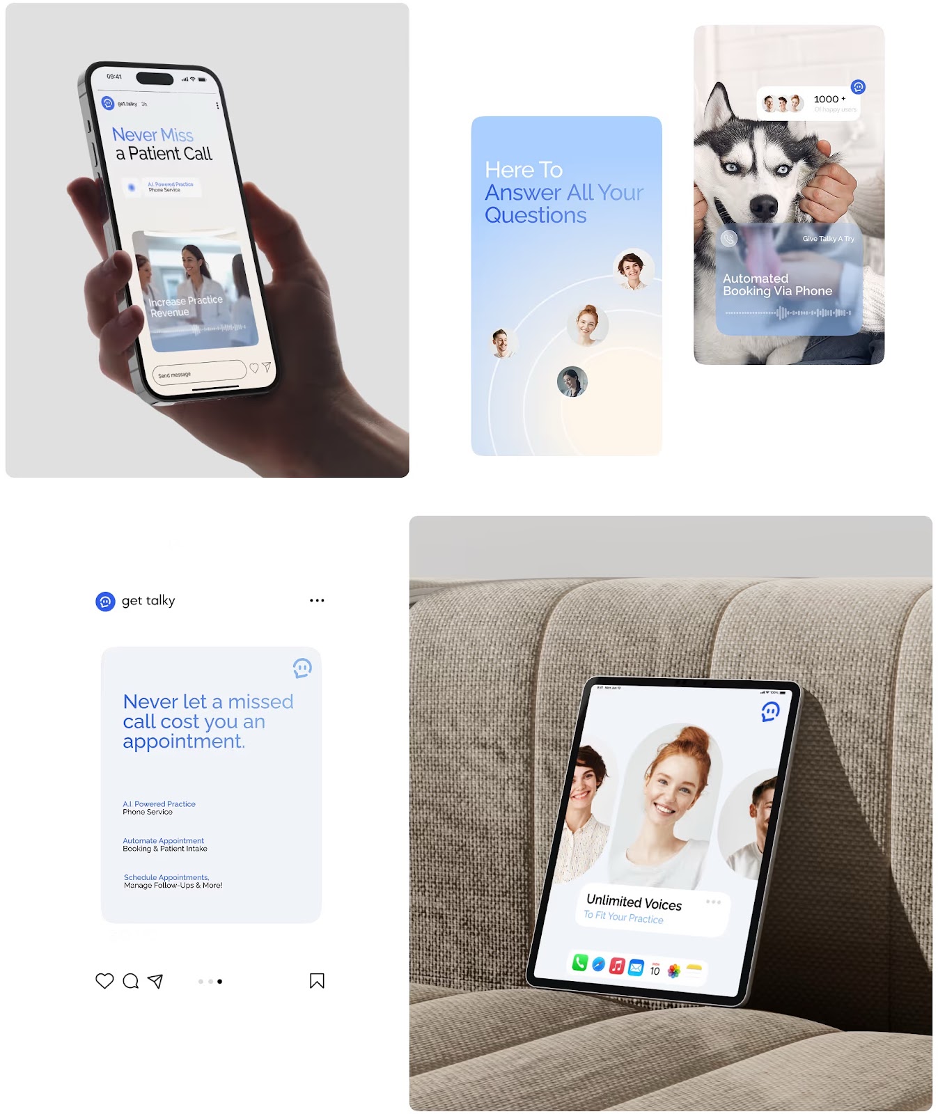 A collage featuring various technology-themed images: a hand holding a phone with a medical app, a tablet on a couch, text about phone services, and a husky dog.