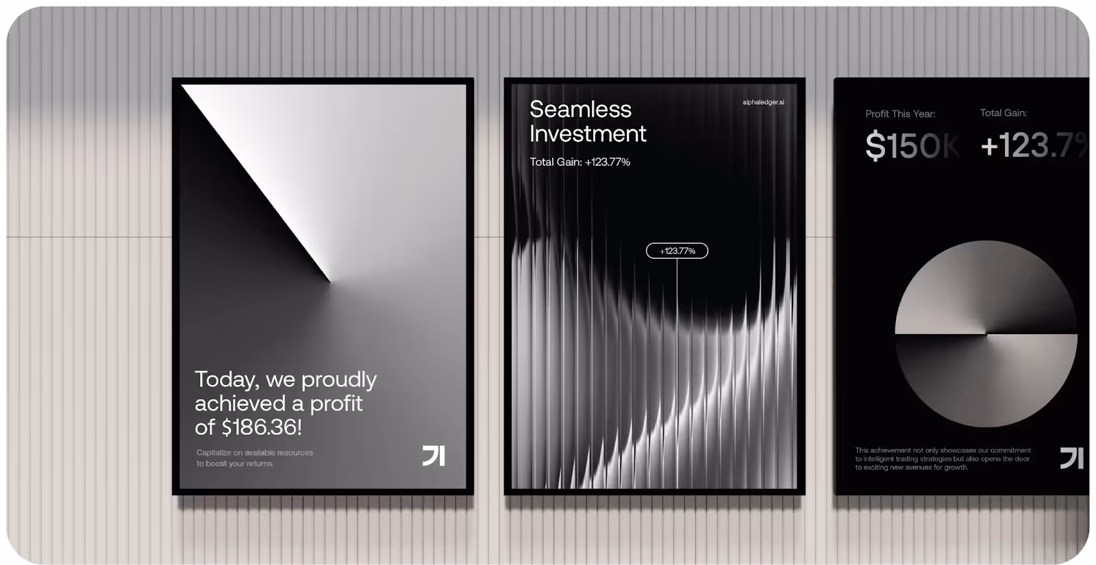 Three sleek posters with a grayscale theme promote investment achievements. Keywords like "profit" and "investment" stand out, conveying success.