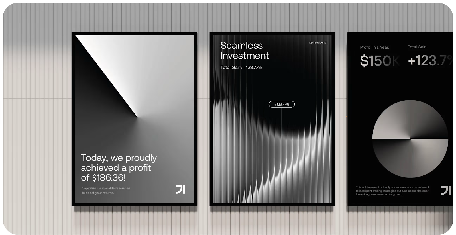 Three sleek posters with a grayscale theme promote investment achievements. Keywords like "profit" and "investment" stand out, conveying success.
