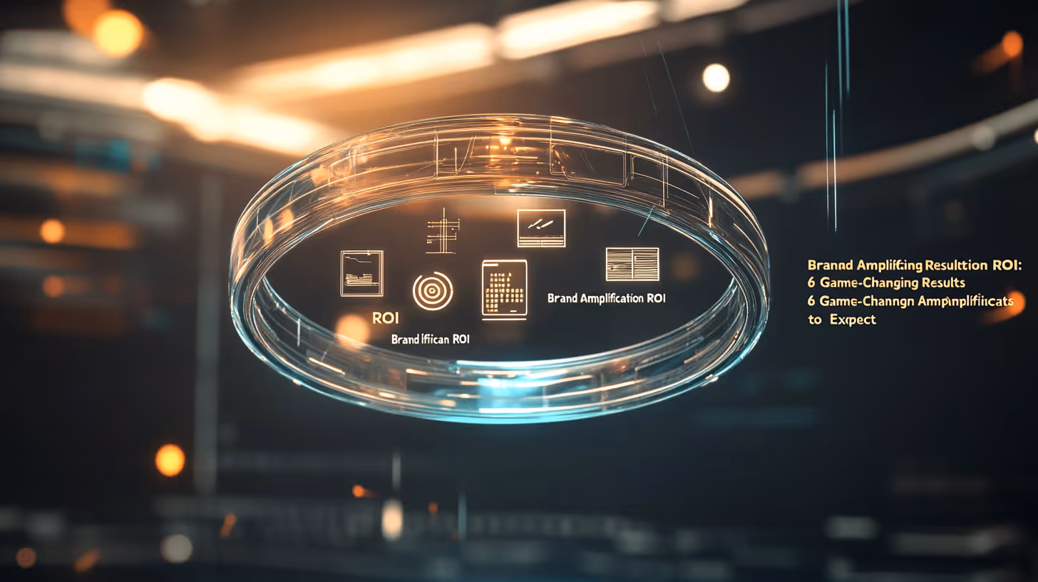 Futuristic digital interface with a glowing ring, graphs, and text "Brand Amplification ROI." Keywords: innovative, technology, data visualization.