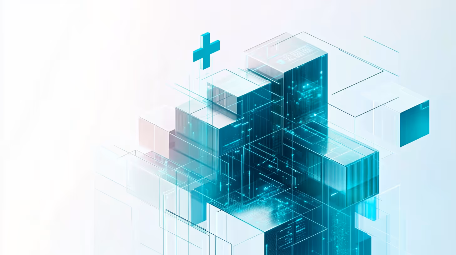 Futuristic digital artwork featuring teal and white transparent geometric cubes overlapping, with luminous lines forming a pattern, conveying technology and innovation.