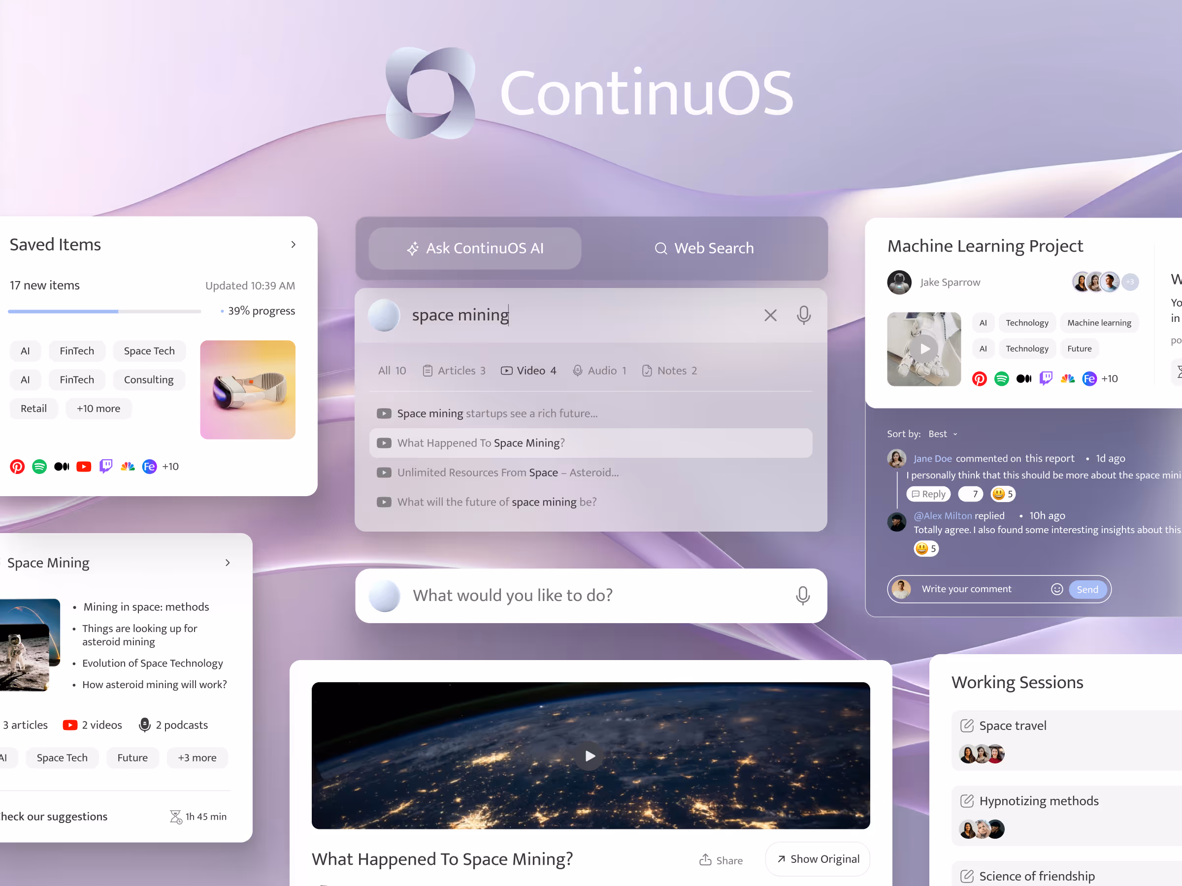 Dashboard of a futuristic interface for ContinuOS. Various widgets display topics like space mining, AI projects, and saved items with a soft purple background.
