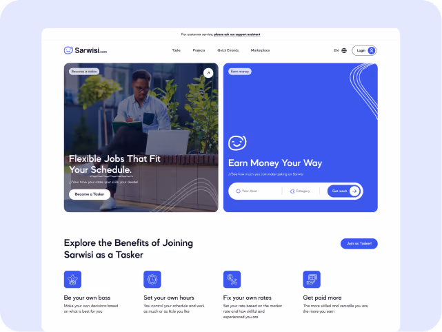 Website homepage for Sarwisi featuring an image of a person working on a laptop outdoors. Text highlights flexible job opportunities and earning potential. Includes navigation links and benefits of joining as a tasker