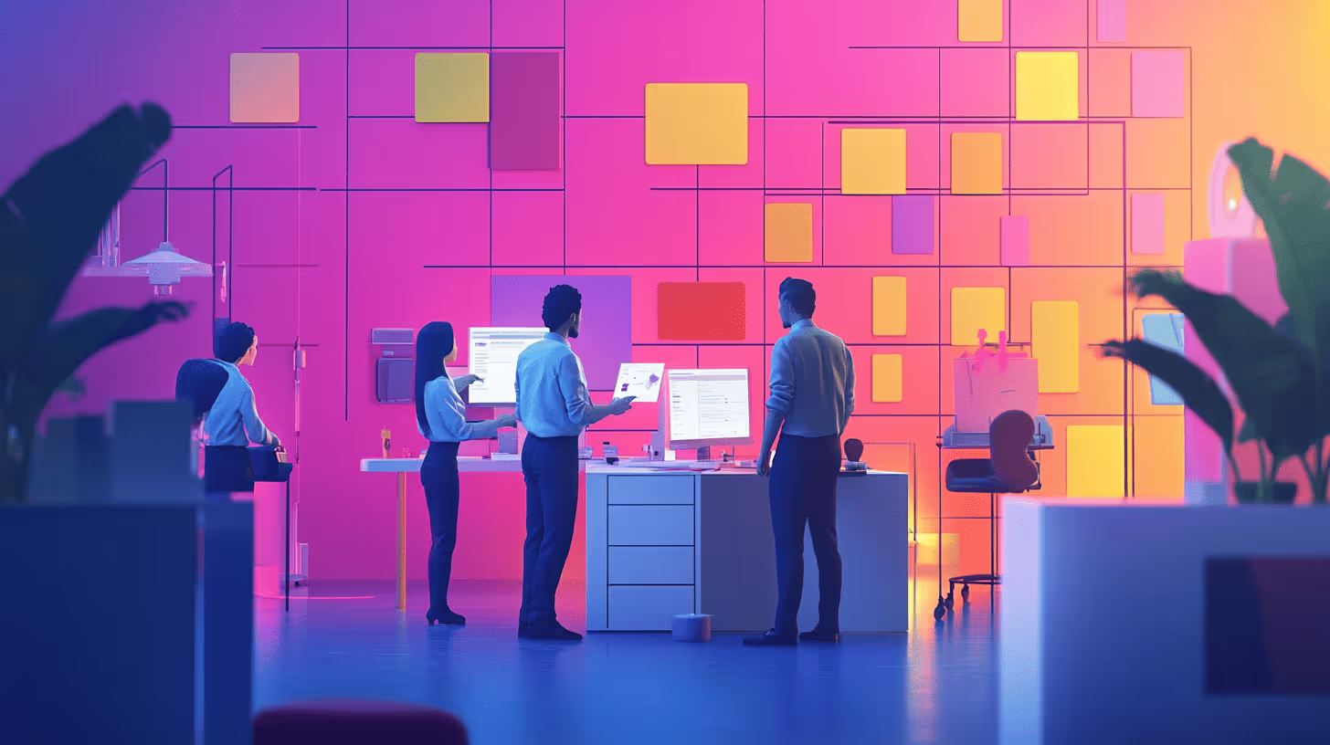 Four people work in a vibrant office, reviewing documents and computer screens. The wall behind them features colorful geometric patterns, creating a dynamic atmosphere.
